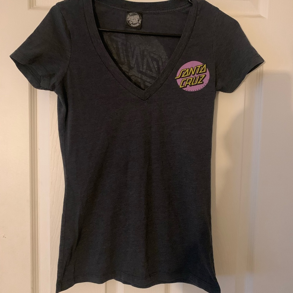 Womens V neck Santa Cruz skateboard t shirt.